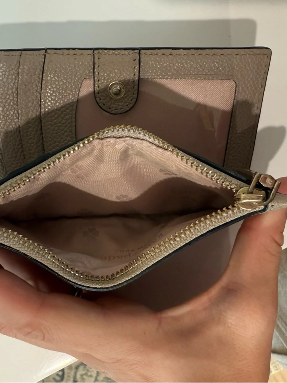 kate spade Two-Tone Black and Taupe Leather Card Wallet with Gold Hardware